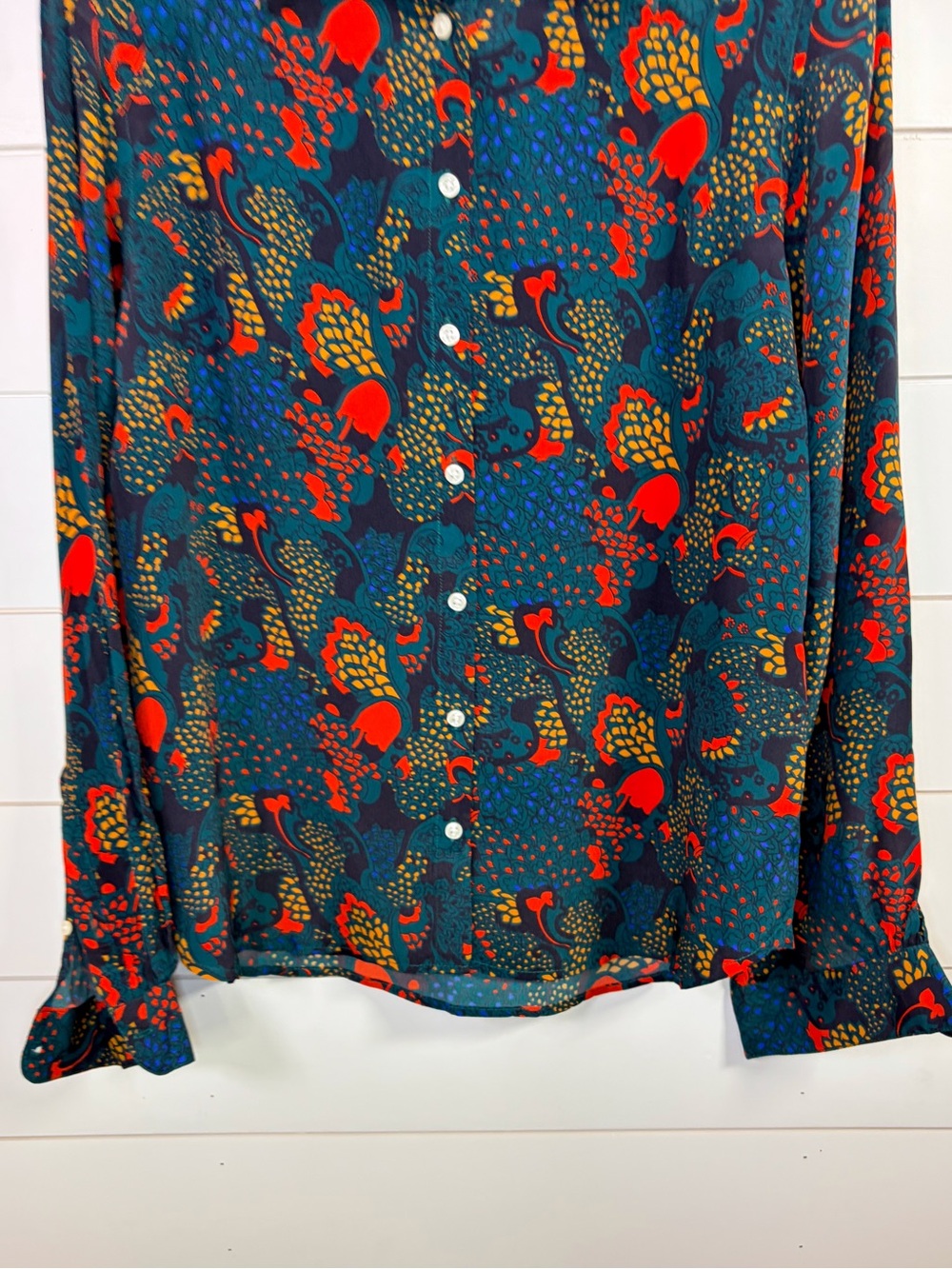 Trovata Birds of Paradis Jacquelin Button Down Shirt Teal NWT Medium MSRP $298 - Picture 7 of 15